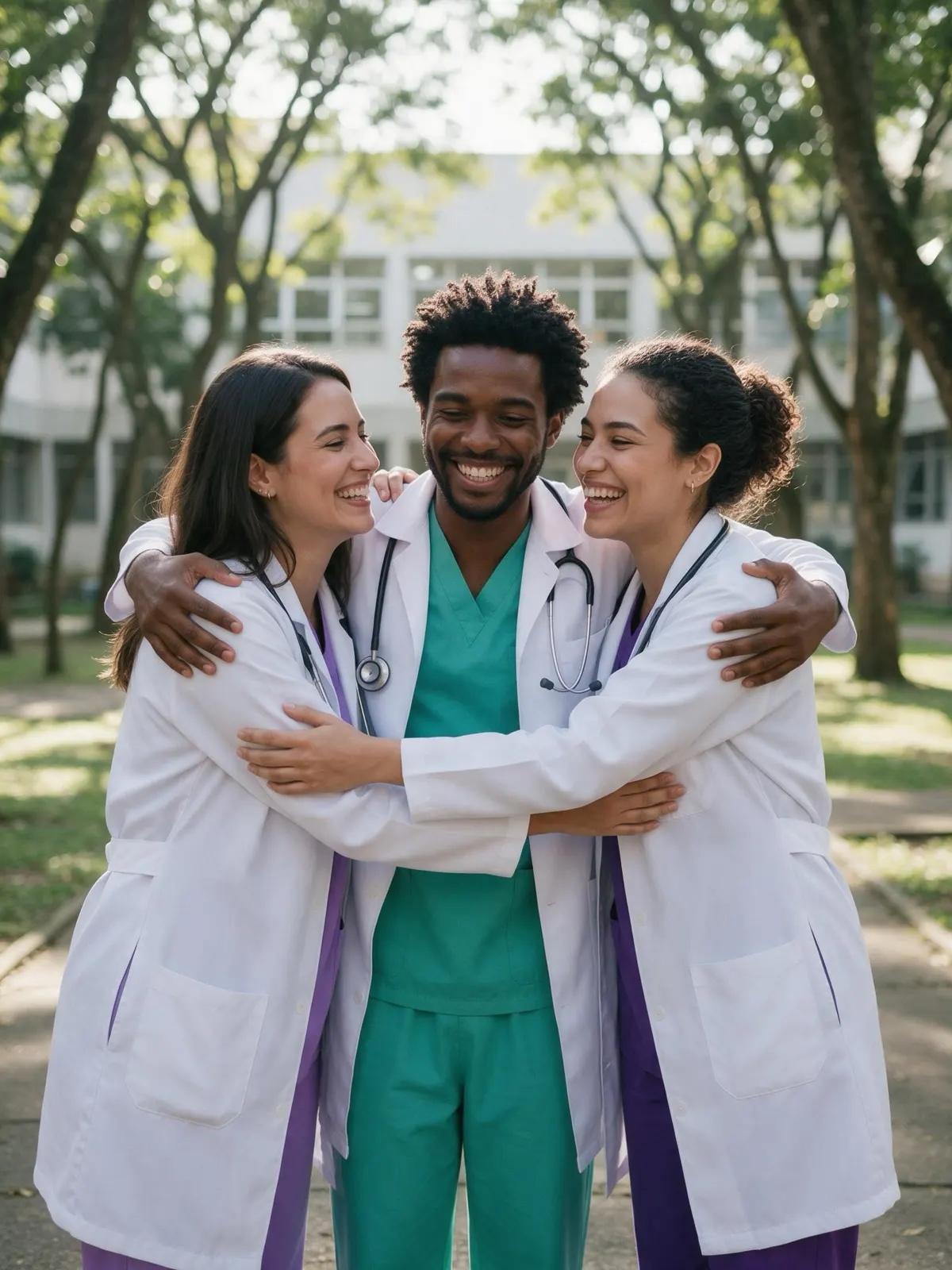 Três médicos residentes brasileiros comemoram a aprovação no pátio de uma faculdade de medicina