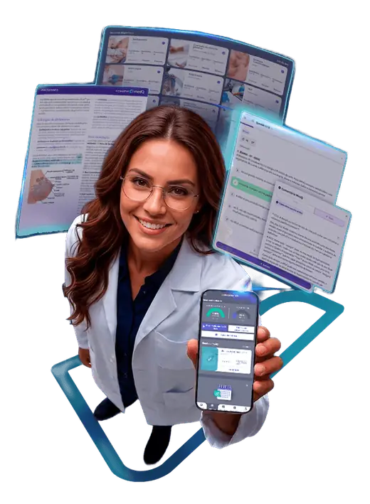 Estudante de medicina usando o MedQ no celular