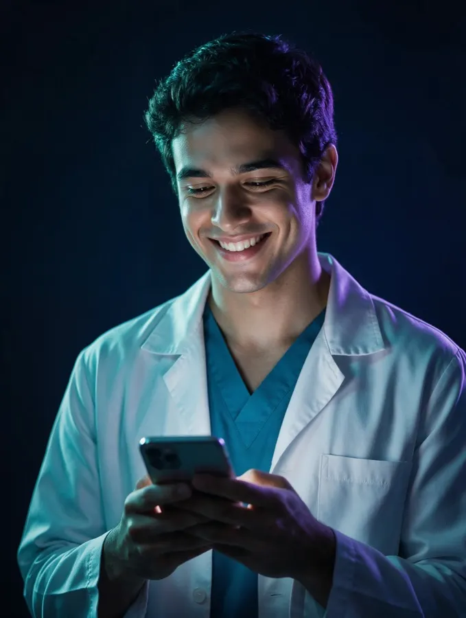 Médico residente sorrindo, de jaleco, com o celular na mão