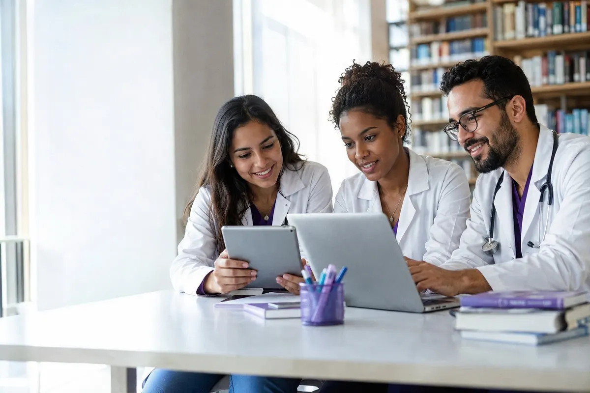 Três estudantes de medicina brasileiros estudam juntos numa biblioteca