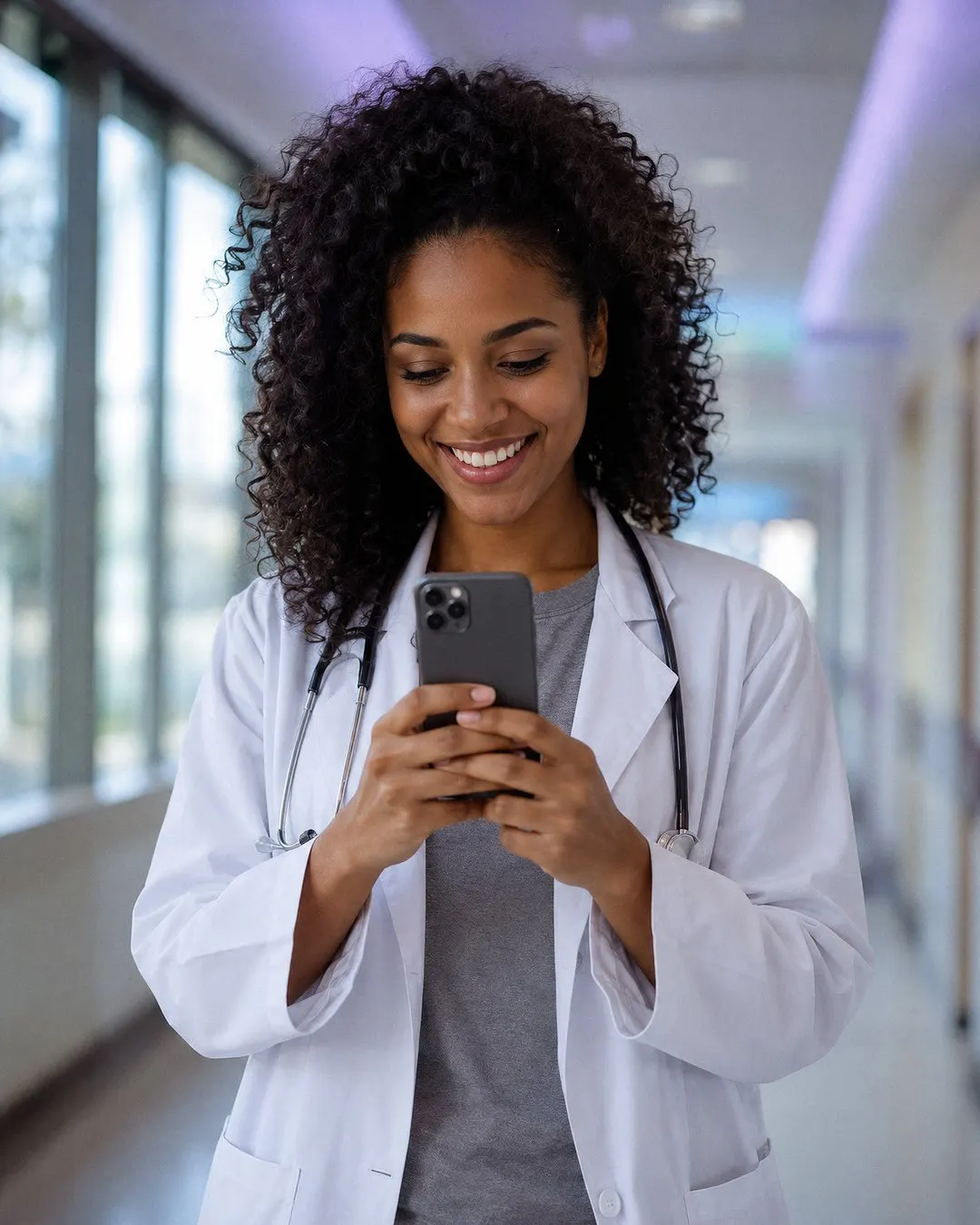 Médica recém-aprovada na residência comemorando com o resultado no celular