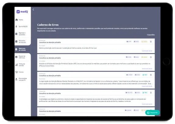 Tela real do MedQ: caderno de erros com as questões erradas para refazer