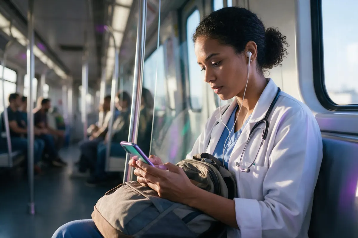 Médica jovem estuda pelo celular no metrô a caminho do hospital, com fone de ouvido e mochila no colo