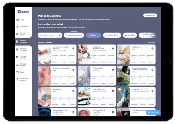 Tela real do MedQ: painel de assuntos com filtros por área, banca e ano