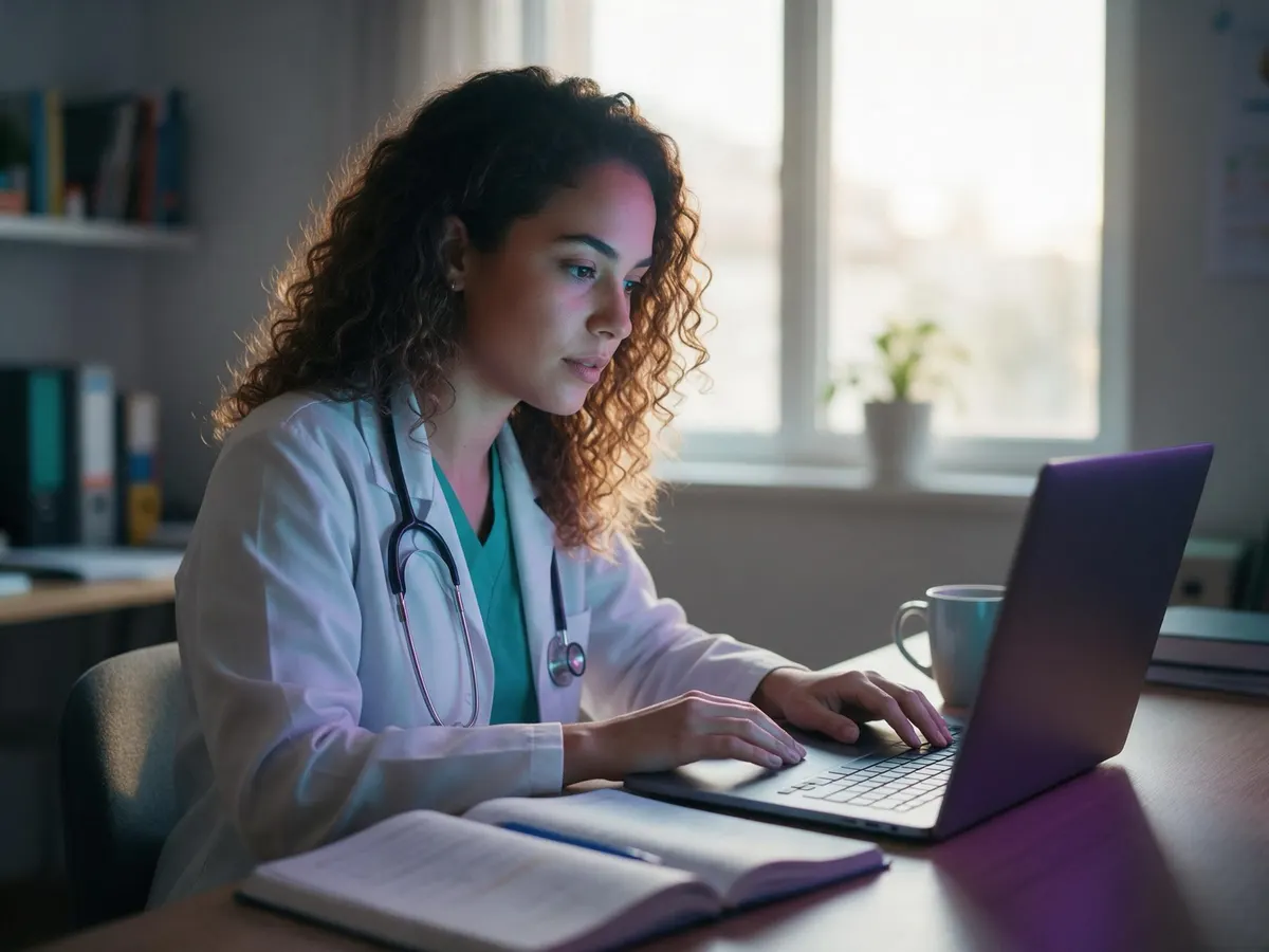 Estudante de medicina brasileira faz um simulado no notebook na mesa de casa, caderno e caneca ao lado